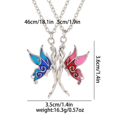 2Pcs Alloy Fairy Butterfly Wing Pendant Necklace Set Blue Pink Gradient Enamel Best Friend Couple Jewelry Gift For Women