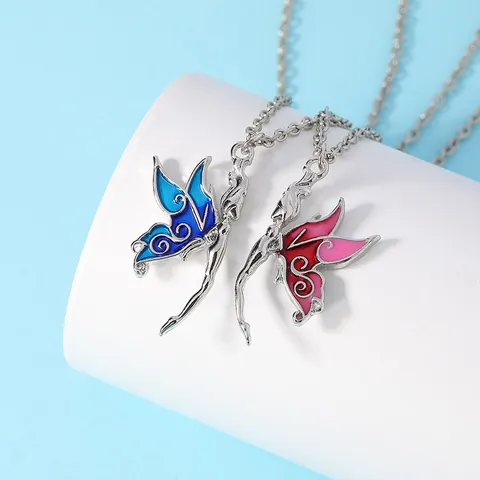 2Pcs Alloy Fairy Butterfly Wing Pendant Necklace Set Blue Pink Gradient Enamel Best Friend Couple Jewelry Gift For Women