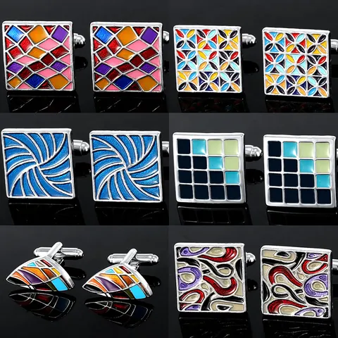 Gemelos de Aleación de Esmalte Vintage de Negocios Geométrico Mosaico Camisa Francesa Hombre Gemelos Accesorios de Traje Formal Joyería