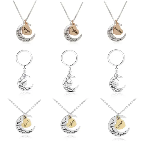 Legering Maan Hart Hanger Halsketting Sleutelhanger I Love You To The Moon And Back Gravure Familie Cadeau Sieraden Voor Moeder Oma