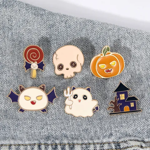 Broches Pin's en Émail Halloween Dessin Animé Fantôme Citrouille Chauve-souris Crâne Badges en Alliage pour Fête Déco