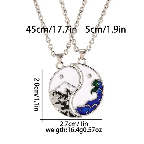 Tai Chi Yin Yang Stitching Pendant Necklace Alloy Enamel Sun Moon Mountain Sea Design Couples Friends Fashion Jewelry