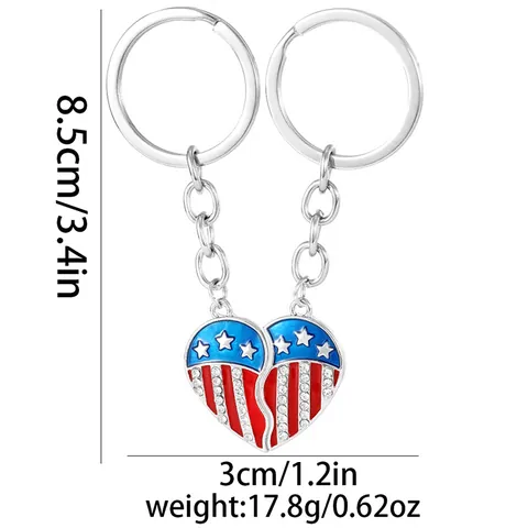American Flag Heart Shape BFF Keychain Set Alloy Rhinestone Star Stripe July 4th Independence Day Friendship Keyring Pair Gift