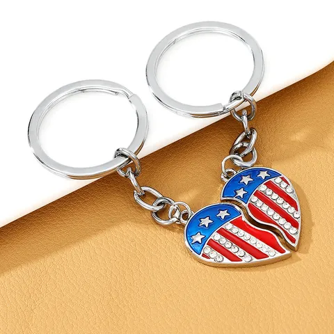 American Flag Heart Shape BFF Keychain Set Alloy Rhinestone Star Stripe July 4th Independence Day Friendship Keyring Pair Gift