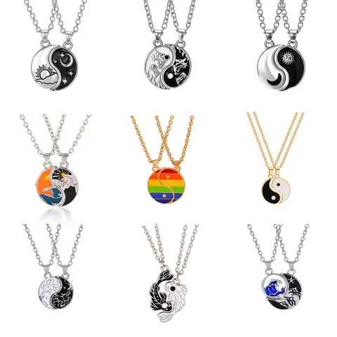 Tai Chi Yin Yang Stitching Pendant Necklace Alloy Enamel Sun Moon Mountain Sea Design Couples Friends Fashion Jewelry