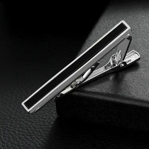 Men's Business Alloy Metal Tie Clip Silver Rectangular Black Enamel White Shell Inlay Formal Wedding Necktie Accessory