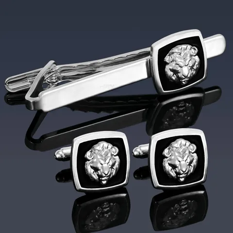 Herren Business Krawattenklammer Und Manschettenknöpfe Set Silber Legierung 3D Löwenkopf Professionelle Formelle Anzug Hemd Accessoires Schmuck Geschenk