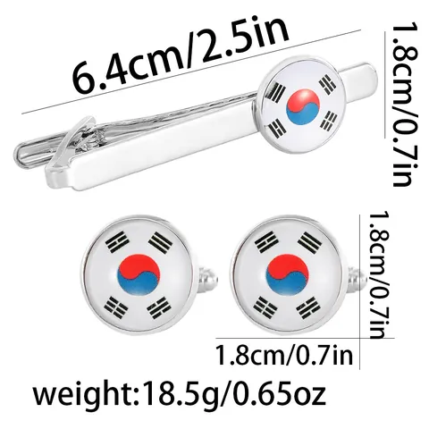 Men Business Alloy Tie Clip And Cufflink South Korea Flag Taegeukgi Pattern Silver Formal Shirt Accessories Jewelry Gift