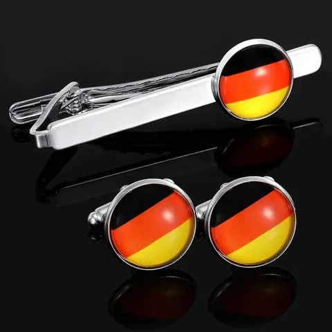 Men's Business Tie Clip And Cufflink Set Germany Flag Pattern Silver Alloy Formal Shirt Accessories Gentleman Jewelry