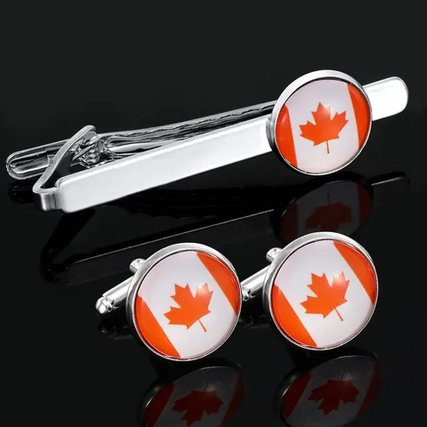 Canada Flag Maple Leaf Cufflinks And Tie Clip For Men Alloy Silver Business Formal Shirt Accessories Necktie Jewelry Gift