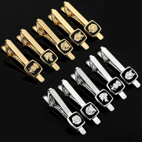 Men Business Alloy Tie Clip Set Animal Motif Lion Owl Wolf Horse Relief Gold Silver Formal Shirt Accessory Jewelry