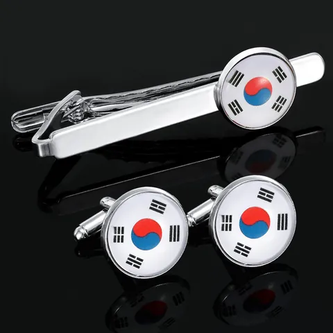 Men Business Alloy Tie Clip And Cufflink South Korea Flag Taegeukgi Pattern Silver Formal Shirt Accessories Jewelry Gift