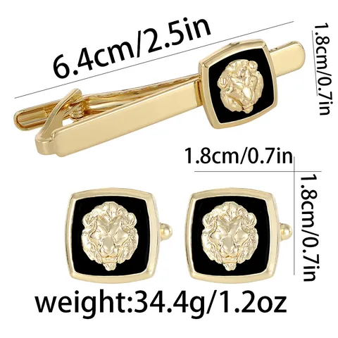 Ensemble d'Accessoires Business Homme Pince à Cravate Tête de Lion et Boutons de Manchette Carrés Bijoux en Alliage Plaqué Or