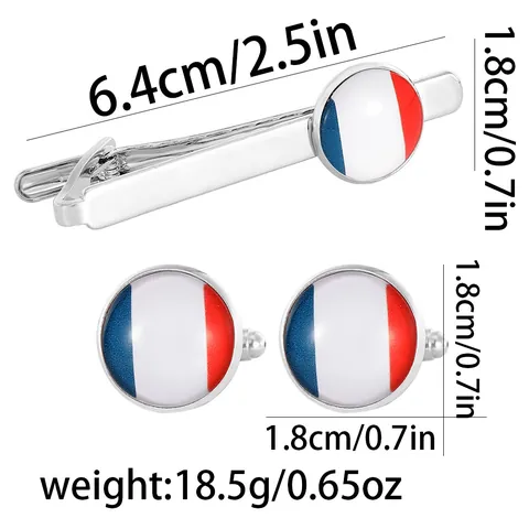 Men Business Alloy French Flag Cufflinks And Tie Clip Silver Polished Tri-color Stripes Professional Shirt Accessory Jewelry
