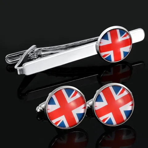 Set Gemelli e Fermacravatta Business da Uomo in Lega Argento Design Bandiera Britannica Union Jack per Abito Matrimonio Gioielli