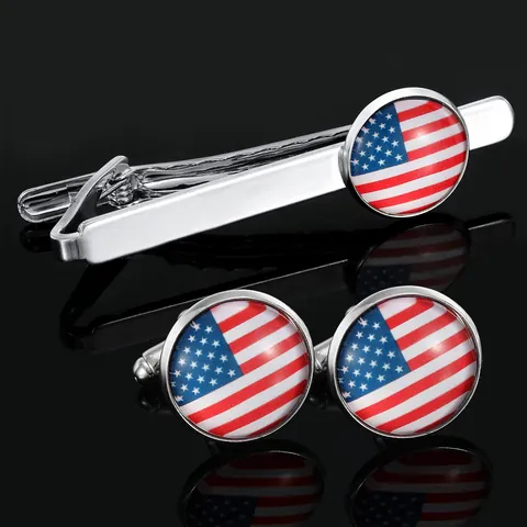 Herren Business Krawattenklammer Und Manschettenknöpfe Set USA Flagge Silber Legierung Anzug Zubehör Für Hochzeit Party