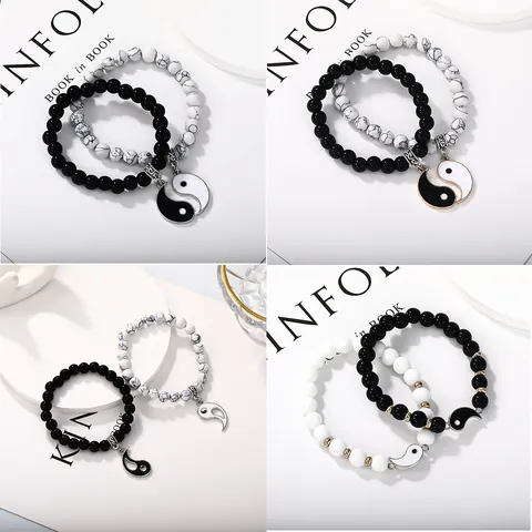 Tai Chi Yin Yang Couple Bracelet Set Alloy Enamel Pendant Beaded Braided Cord Friendship Jewelry For Men Women Gift