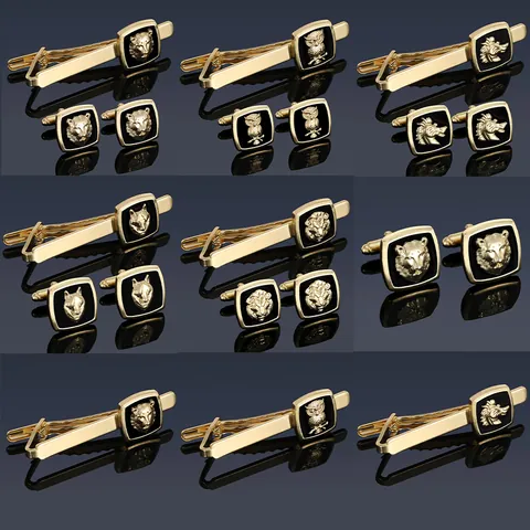 Men Business Fashion Alloy Relief Animal Wolf Head Owl Lion Tie Clip Cufflinks Jewelry Set Gold Silver Black Enamel Tuxedo Accessories