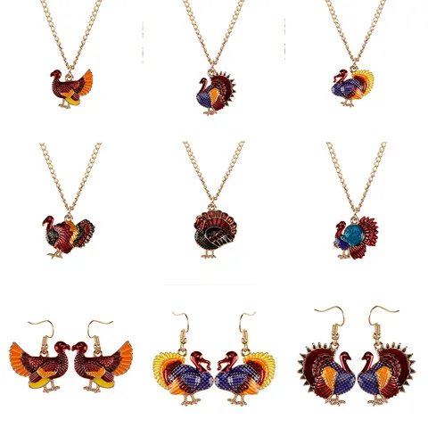 Thanksgiving Turkey Pendant Necklace Colorful Enamel Animal Drop Earrings Jewelry Set Holiday Party Accessory For Women