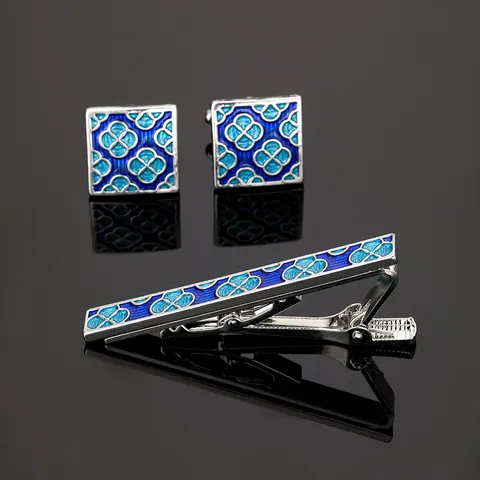 Ensemble Boutons de Manchette Et Pince à Cravate en Alliage d'Émail Business pour Hommes Motif Floral Bleu Grille Rayures Accessoires de Chemise Formelle Bijoux