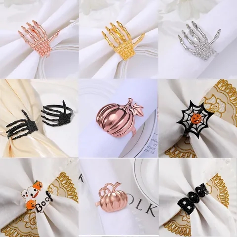 Halloween Napkin Rings Zinc Alloy Skull Hand Pumpkin Spider Web Bat Ghost Festive Table Decor For Party Restaurant Dinner