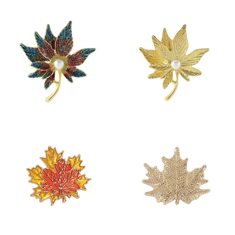 Elegant Maple Leaf Brooch Pin For Women Alloy Enamel Glitter Leaf Pin With Imitation Artificial Pearl Fashion Jewelry For Coat Suit Dress