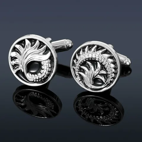 Vintage Alloy Enamel Round Cufflinks For Men Feather Pattern Silver Black Business Shirt Cuff Links Wedding Jewelry Gift