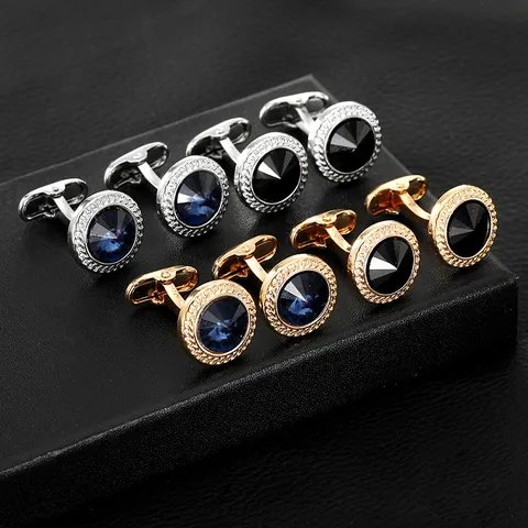 Round Alloy Zirconia Cufflinks For Men Business French Shirt Wedding Jewelry Gold Silver Black Blue Braided Texture Cuff Links