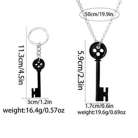 Spooky Animation Button Head Key Pendant Necklace And Keychain Set Black Alloy H Shaped Bit Jewelry For Halloween Cosplay Gift