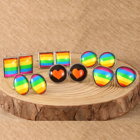 Fashion Alloy Enamel Rainbow Striped Cufflinks For Men Women Geometric Pride Month Heart Pattern Metal Jewelry Cuff Links Gift