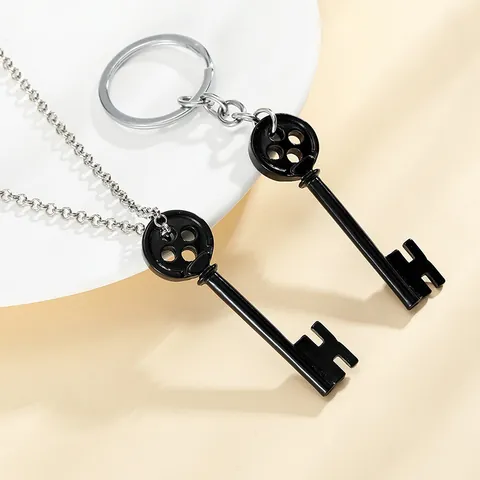 Spooky Animation Button Head Key Pendant Necklace And Keychain Set Black Alloy H Shaped Bit Jewelry For Halloween Cosplay Gift