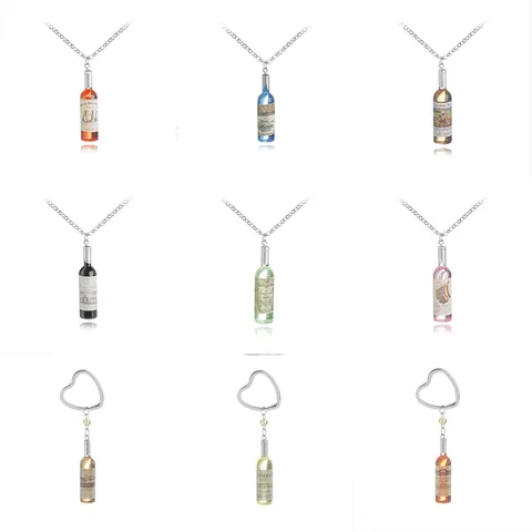 Creative Miniature Beer Wine Bottle Pendant Necklace Alloy Resin Simulation Drink Bottle Heart Shape Keychain Jewelry Gift