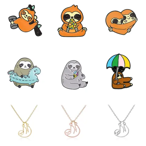 Cartoon Sloth Enamel Pin Creative Animal Brooch Sloth Pendant Necklace Alloy Jewelry Accessories For Backpack Clothing Decor Gift