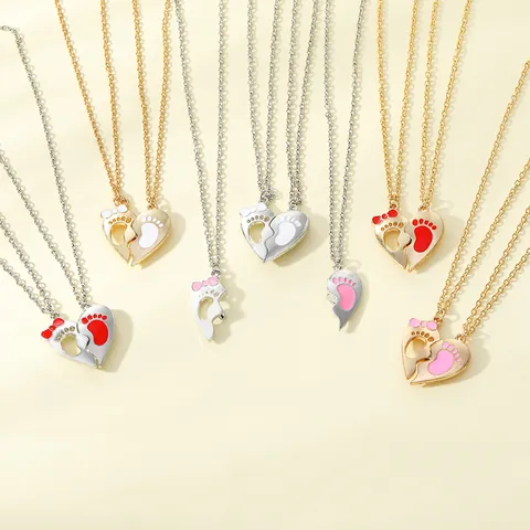 Alloy Puzzle Heart Footprint Pendant Necklace For Couples Bow Enamel Gold Silver Jewelry Gift Valentine Day