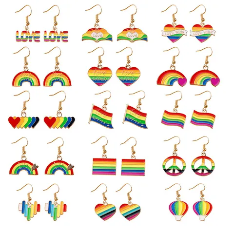 Pendientes Colgantes de Aleación de Esmalte de Arcoíris para Mujer Love Wins Corazón Signo de la Paz Pride Joyería de Esmalte Tono Dorado