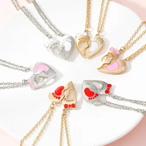 Alloy Puzzle Heart Footprint Pendant Necklace For Couples Bow Enamel Gold Silver Jewelry Gift Valentine Day