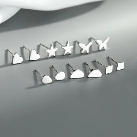 Minimalist Copper Heart Star Butterfly Geometric Stud Earrings For Women Simple Small Cute Daily School Girls Ear Piercing Jewelry Gift Silver Color