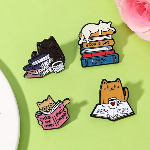 Creative Cartoon Cat Book Coffee Enamel Pin Alloy Badge Brooch Jewelry Accessory Gift For Students Reading Lovers