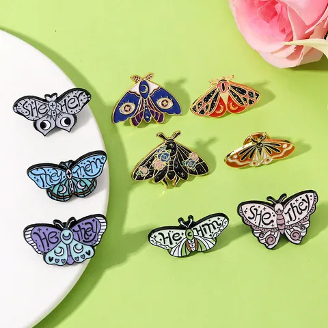 Butterfly Moth Enamel Pins Mystery Insect Brooches With Pronouns She Her They Them He Him For Backpack Jacket Decorative Badges Unisex Fashion Jewelry Gift
