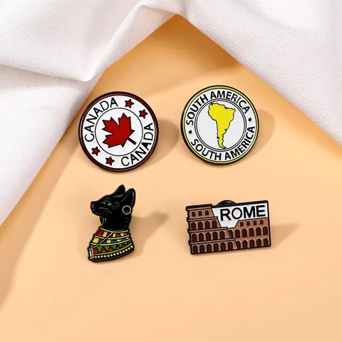 Vintage Legierung Emaille Brosche Pins Rom Kolosseum Kanada Ahornblatt Südamerika Karte Und Ägyptische Katze Revers Abzeichen