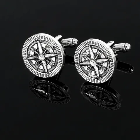 Vintage Compass Cufflinks For Men Alloy Eight-Pointed Star Round Shirt Cuff Links With Rhinestone Business Wedding Jewelry Gift