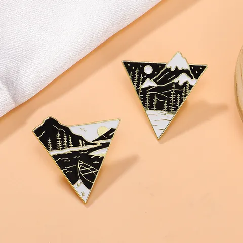 Retro Alloy Enamel Triangle Brooch Pin Natural Landscape Mountain Forest Moon Desert Cactus Skull Geometric Badge For Unisex Daily Decoration