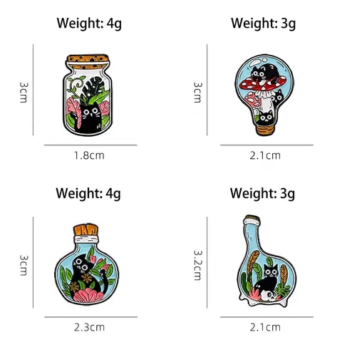 Cute Cartoon Black Cat In Glass Bottle Enamel Brooch Pin Alloy Mushroom Plant Decorative Lapel Badge For Clothes Bag Women Jewelry