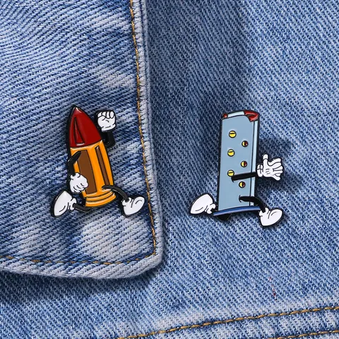 Cartoon Anthropomorphic Bullet And Magazine Enamel Pins Creative Running Character Alloy Brooch Set For Backpack Clothing Decoration