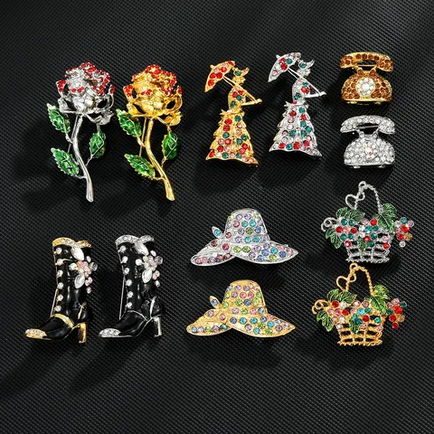 Vintage Alloy Rhinestone Enamel Brooch Pin For Women Boots Hat Flower Basket Lady Telephone Rose Design Fashion Jewelry