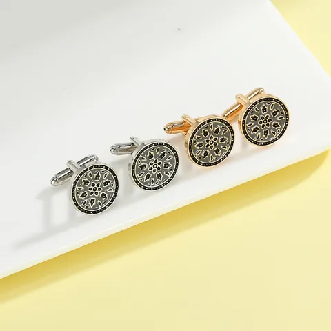 Vintage Round Metal Cufflinks For Men Elegant Floral Mandala Enamel Cuff Links Alloy Gold Silver Plated Shirt Accessories