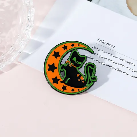 Halloween Enamel Pin Cute Black Cat Crescent Moon Star Brooch Zinc Alloy Lapel Pin For Backpack Shirt Badge Jewelry Gift