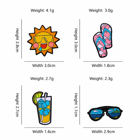 Summer Theme Cartoon Enamel Pins Set Sun Sunglasses Drink Flip Flops Zinc Alloy Lapel Pins Badge Clothing Backpack Decor Accessory