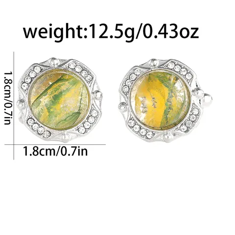 Luxury Round Alloy Cufflinks With Glass Marble Swirl Pattern Rhinestone Inlaid Silver Plated Business Wedding Shirt Cuff Links