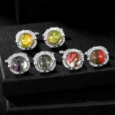 Luxury Round Alloy Cufflinks With Glass Marble Swirl Pattern Rhinestone Inlaid Silver Plated Business Wedding Shirt Cuff Links